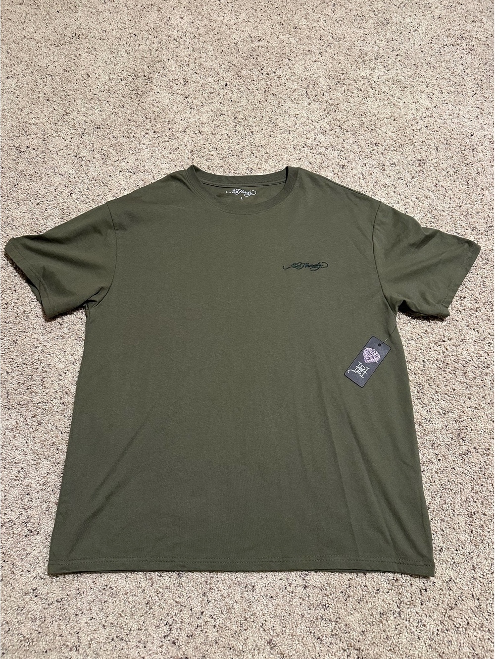 Ed Hardy Men's Olive Green Logo Embroidered T-Shirt Size L
